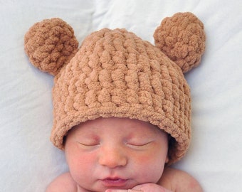 PATROON Instant Download Bear oren hoed en luier cover pasgeboren baby douchegift gehaakte muts foto prop
