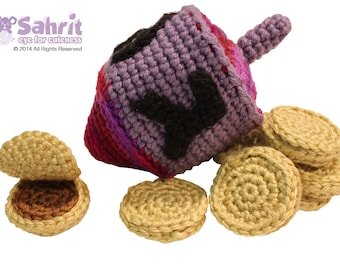 Patrón de descarga instantánea en inglés: monedas de chocolate Dreidel de colores para Hanukkah