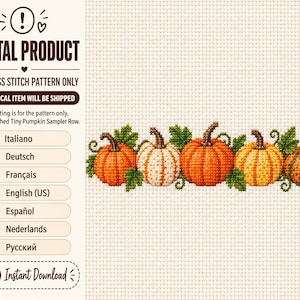 May include: A digital cross stitch pattern featuring a horizontal row of five pumpkins in various shades of orange, yellow, and white, accented with green leaves and vines, set against a light cream-coloured grid background for embroidery.