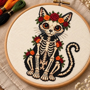 Skeleton Cat Cross Stitch Pattern • Gothic Embroidery Chart (Digital Download)