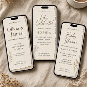 May include: Three smartphones displaying digital invitation templates on a cream-colored torn paper background. The screens show text for a wedding, a birthday party, and a baby shower, featuring dark brown serif and script fonts with botanical line art.