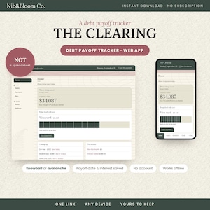 May include: A digital debt payoff tracker web app titled THE CLEARING, displayed on a desktop and mobile interface. The screen shows financial data, including a $34,087 total, Visa card progress bars, and upcoming loan payments in a neutral color palette.