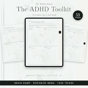 May include: A digital ADHD toolkit planner with 59 pages, featuring The Priority Sorter, The Dopamine Menu, and Task Triage templates. The white pages have black text, lined sections, and a subtle leaf watermark. It is undated and available in US Letter and A4 sizes.