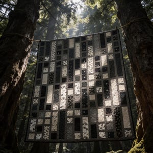 Pode incluir: Uma colcha retangular com um design de patchwork de tiras de tecido verticais e horizontais em tons de preto, branco e cinza. As peças de tecido exibem vários padrões, incluindo texturas florais, geométricas e sólidas por toda a colcha.