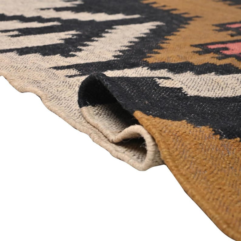 Handmade Kilim Runner Rug, Southwestern Geometric Design, Black and ...