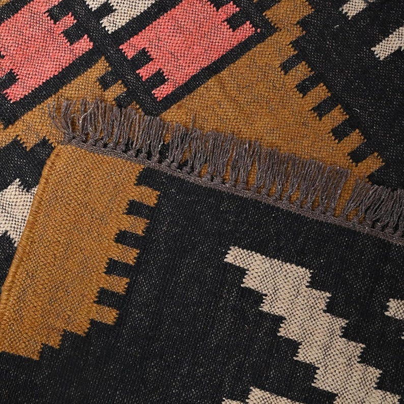 Handmade Kilim Runner Rug, Southwestern Geometric Design, Black and ...