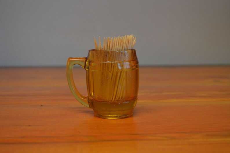 Vintage Amber Glass, Toothpick Holder, Barrel Glass Toothpick Holder