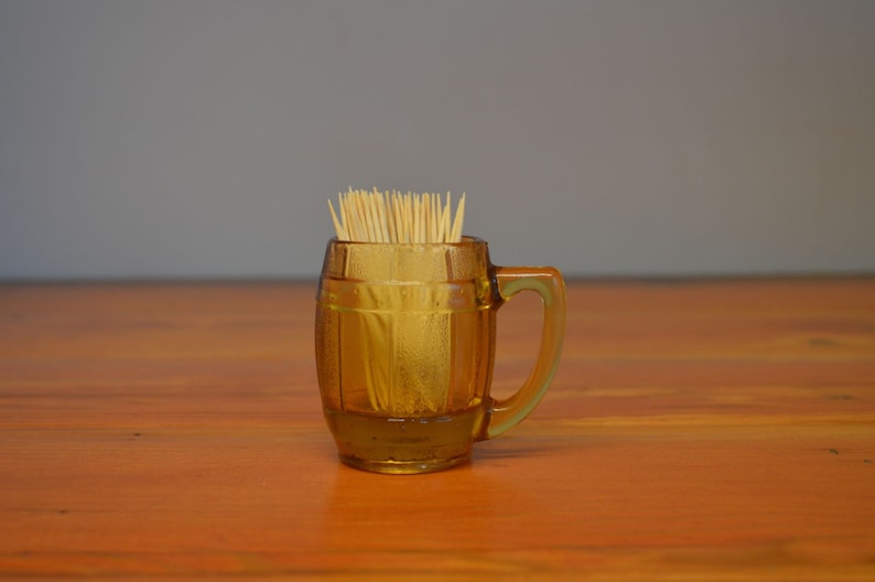 Vintage Amber Glass, Toothpick Holder, Barrel Glass Toothpick Holder