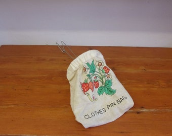 Vintage Clothespin Bag with Hanger, Strawberry pattern with snails