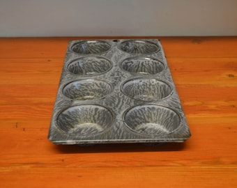 Antique Vintage granitware muffin pan gray enamelware muffin pan grey