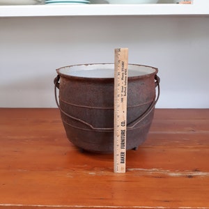 Antique Vintage Cast Iron Footed Cauldron with Enamelware interior