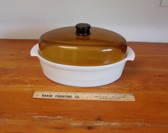 Vintage Anchor Hocking Fire King White Ribbed 3 QT Oval Roaster Pan Casserole Dish