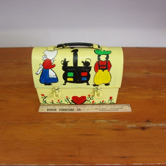 Vintage Metal Thermos lunch box with hippie style… - image 7