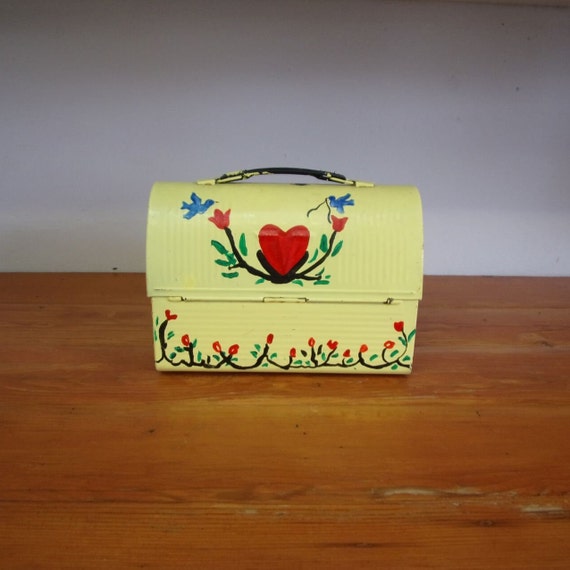Vintage Metal Thermos lunch box with hippie style… - image 3