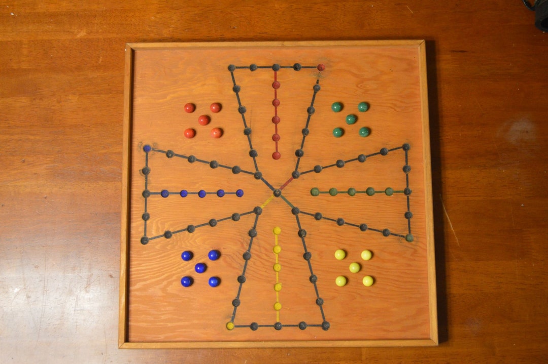 Vintage Ludo Marble Board Game Strategy Chinese Checkers Wood Board