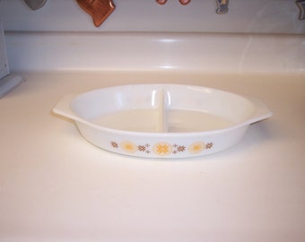 Vintage Pyrex divided dish casserole in Town and Country pattern orange and brown