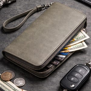 May include: A rectangular olive-gray zippered wallet with a matching wrist strap. The wallet is partially open, revealing several credit cards and United States paper currency tucked inside. The exterior has a smooth, matte finish with visible stitching.