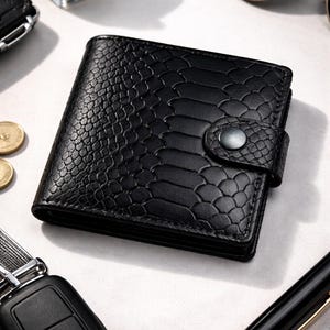 Personalized Handmade Classic Black Wallet Genuine Smooth Leather Python-Style Embossing Gift for Him