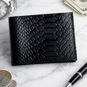 Personalized Mens Bifold Wallet Genuine Leather Black Python-Style Embossing Handmade Gift for Him