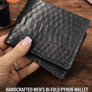 Personalized Handmade Mens Bifold Wallet Genuine Leather Python Embossed Black Gift for Him