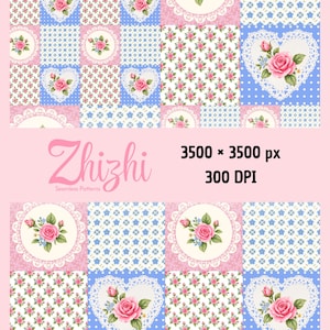 Puede incluir: Un patrón digital sin costuras con una cuadrícula de patchwork de cuadrados rosas y azules. El diseño incluye rosas rosas, tapetes de encaje blanco, marcos en forma de corazón y motivos florales azules. Texto: Zhizhi Seamless Patterns 3500 x 3500 px 300 DPI.