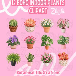 Puede incluir: Una colección digital de 12 ilustraciones de plantas en maceta etiquetadas 12 BOHO INDOOR PLANTS CLIPART y Botanical Illustrations. El conjunto incluye varios cactus, suculentas, margaritas, una monstera, un helecho y una sansevieria.
