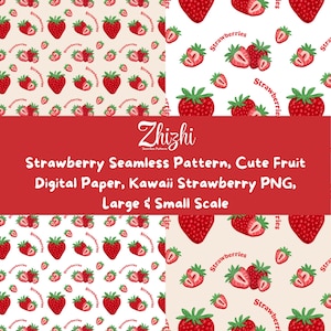 Puede incluir: Un patrón digital sin costuras que presenta fresas rojas y mitades de fresa en rodajas sobre fondos blancos y crema. El texto Zhizhi, Strawberry Seamless Pattern, Cute Fruit Digital Paper, Kawaii Strawberry PNG, Large & Small Scale está centrado en una franja horizontal roja.