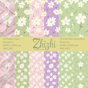 Puede incluir: Una colección digital de 12 patrones sin costuras con flores de margarita blancas con centros amarillos sobre fondos rosa pastel, verde claro y lavanda. El texto dice: 12 Pocket-Size Seamless 3500 x 3500 px 300 DPI, Zhizhi, 12 Full-Size Seamless Patterns 3500 x 3500 px 300 DPI.
