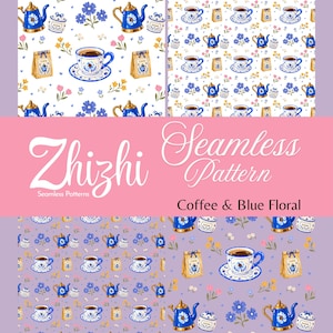 Puede incluir: Un gráfico digital que presenta cuatro variaciones de un patrón continuo con ilustraciones de temática cafetera. El diseño incluye teteras azules, tazas de café, azucareros y bolsas de papel con detalles florales sobre fondos blancos y morados. El texto dice Zhizhi Seamless Pattern Coffee & Blue Floral.