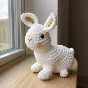 Pode incluir: Um coelho de pelúcia feito em crochê branco com um acabamento de fio macio e texturizado. O coelho apresenta orelhas longas com detalhes internos em bege, pequenos olhos de segurança pretos, um nariz rosa bordado e uma pequena cauda.