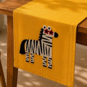 Handmade Linen Table Runner, Yellow Zebra Applique, Farmhouse Dining Decor