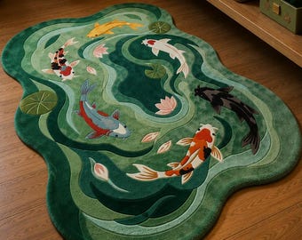 Kelim-Teppich in Teichform, Badematte mit japanischem Koi-Fischmotiv, naturinspirierte Dekoration