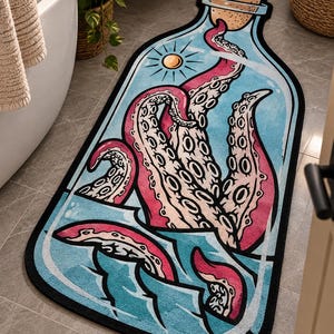 Modern Octopus Bottle Rug, Digital Print, Washable Home Decor