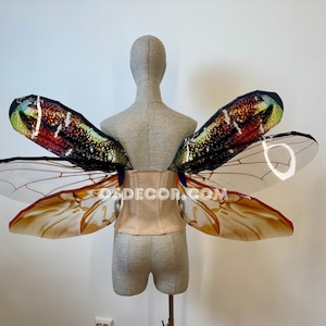 Puede incluir: Un par de alas de insecto grandes e iridiscentes unidas a un corsé beige sobre un maniquí. Las alas presentan una sección superior de color verde metálico oscuro y rojo con un patrón de venas detallado y secciones inferiores translúcidas teñidas de ámbar. OSDECOR.COM está impreso en el corsé.