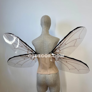 May include: A pair of large, translucent insect-like wings with dark, intricate vein patterns attached to a beige corset worn on a mannequin. The wings are clear with black edges and dark brown veins. The text OSDECOR.COM is visible on the wings.