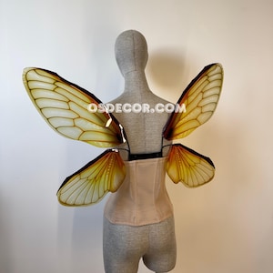 Op de afbeelding: Een paar grote, doorschijnende vleugels in insectenstijl met een verloop van gele en oranje tinten en donkerbruine aders. De vleugels zijn bevestigd aan een zwart frame dat over een beige korset op een etalagepop wordt gedragen. De tekst OSDECOR.COM is zichtbaar.