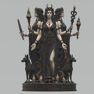 May include: A dark-toned statue of the triple-faced goddess Hekate, Queen of the Crossroads, wearing a crown and flowing gown. She holds a sword, torches, and a staff, flanked by two dogs and snakes. A base features the text Hekate Queen of the Crossroads.