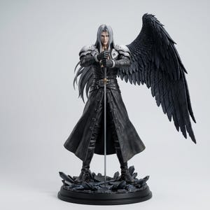 May include: A detailed figurine of a long-haired character with a single large black feathered wing, wearing a black coat with silver shoulder armor, holding a long thin sword upright, standing on a base of dark jagged crystal-like shards.