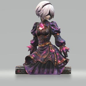 May include: A figurine of a character with short white hair and a black blindfold, wearing a dark purple dress with a nebula-like pattern, gold accents, and glowing pink crystalline details on the sleeves and chest, seated on a rectangular base.