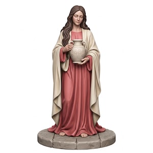 Könnte beinhalten: Eine stehende Frauenfigur mit langem braunem Haar, bekleidet mit einem bodenlangen altrosa Kleid und einem cremefarbenen Schal. Sie hält einen hellen Keramikkrug mit zwei Henkeln und floralen Verzierungen und steht auf einem runden Steinsockel.