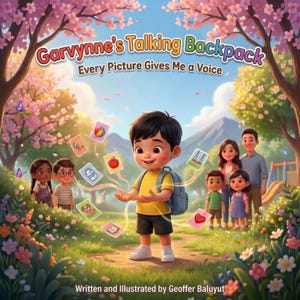 Könnte beinhalten: Ein Buchcover mit dem Titel Garvynne's Talking Backpack: Every Picture Gives Me a Voice, geschrieben und illustriert von Geoffer Baluyut. Es zeigt ein Kind mit einem blauen Rucksack, umgeben von schwebenden Bildkarten in einem Park.