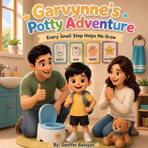 Op de afbeelding: Een kinderboekcover getiteld Garvynne's Potty Adventure: Every Small Step Helps Me Grow. Het toont een cartoonfamilie in een badkamer met een potje, vier instructieve wandborden en een teddybeer. De tekst is van Geoffer Baluyut.