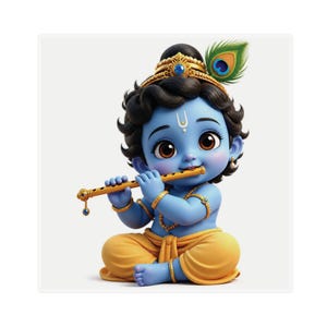 Peut inclure: Un personnage enfantin à la peau bleue avec des cheveux noirs bouclés, portant une couronne dorée avec une plume de paon et un dhoti jaune. Il a un tilak blanc sur le front, des bijoux dorés et tient une flûte dorée aux lèvres en position assise.