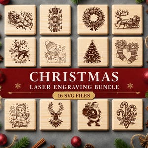 May include: A collection of twelve square light wood blocks featuring dark brown laser-engraved Christmas designs including Santa in a sleigh, a nutcracker, a wreath, a reindeer, a snowman, a tree, stockings, and candy canes with text.