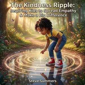 Może przedstawiać: Okładka książki zatytułowana The Kindness Ripple: Inspiring Kids to Spread Empathy & Make a Big Difference autorstwa Steve'a Summersa. Przedstawia dziecko w żółtej koszulce i niebieskich ogrodniczkach dotykające świecącej fali w kałuży.