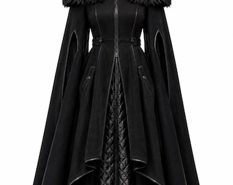 May include: A black hooded coat featuring a front zipper closure, a faux fur collar, and long split sleeves. The garment has a high-low hemline with a quilted inner panel, structured seams, and decorative metal hardware at the neckline.