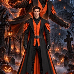 Könnte beinhalten: Ein langer schwarzer Mantel mit orangefarbenem Futter und Schulterakzenten, getragen über einem schwarzen Hemd und einer Weste mit schwarzer Hose. Das Outfit umfasst einen schwarzen Gürtel mit Schnalle, schwarze Handschuhe und schwarze Stiefel mit orangefarbenen Schnürsenkeln.