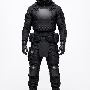 Pode incluir: Um traje tático preto completo com jaqueta com capuz, placa peitoral com vários bolsos utilitários, cinto com bolsos laterais, calças cargo com joelheiras e botas pretas. O conjunto inclui luvas e uma máscara facial preta lisa.