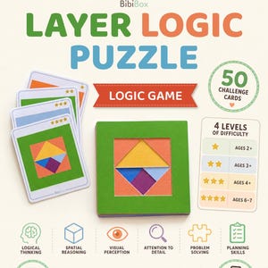May include: A Layer Logic Puzzle game by BibiBox featuring 50 challenge cards, 4 difficulty levels for ages 2 to 7, and a square frame with colorful geometric shapes. The set includes icons for logical thinking, spatial reasoning, and problem solving.
