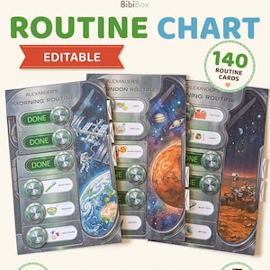 Peut inclure: Trois tableaux de routine sur le thème de l'espace intitulés Alexander's Morning, Afternoon, et Evening Routine. Chaque tableau présente des panneaux métalliques, des boutons circulaires avec des indicateurs verts 'DONE' et des illustrations de planètes.